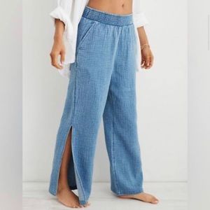 AERIE High Waisted Wide Leg Gauze Pants Pool to Party Blue Women’s Size XL